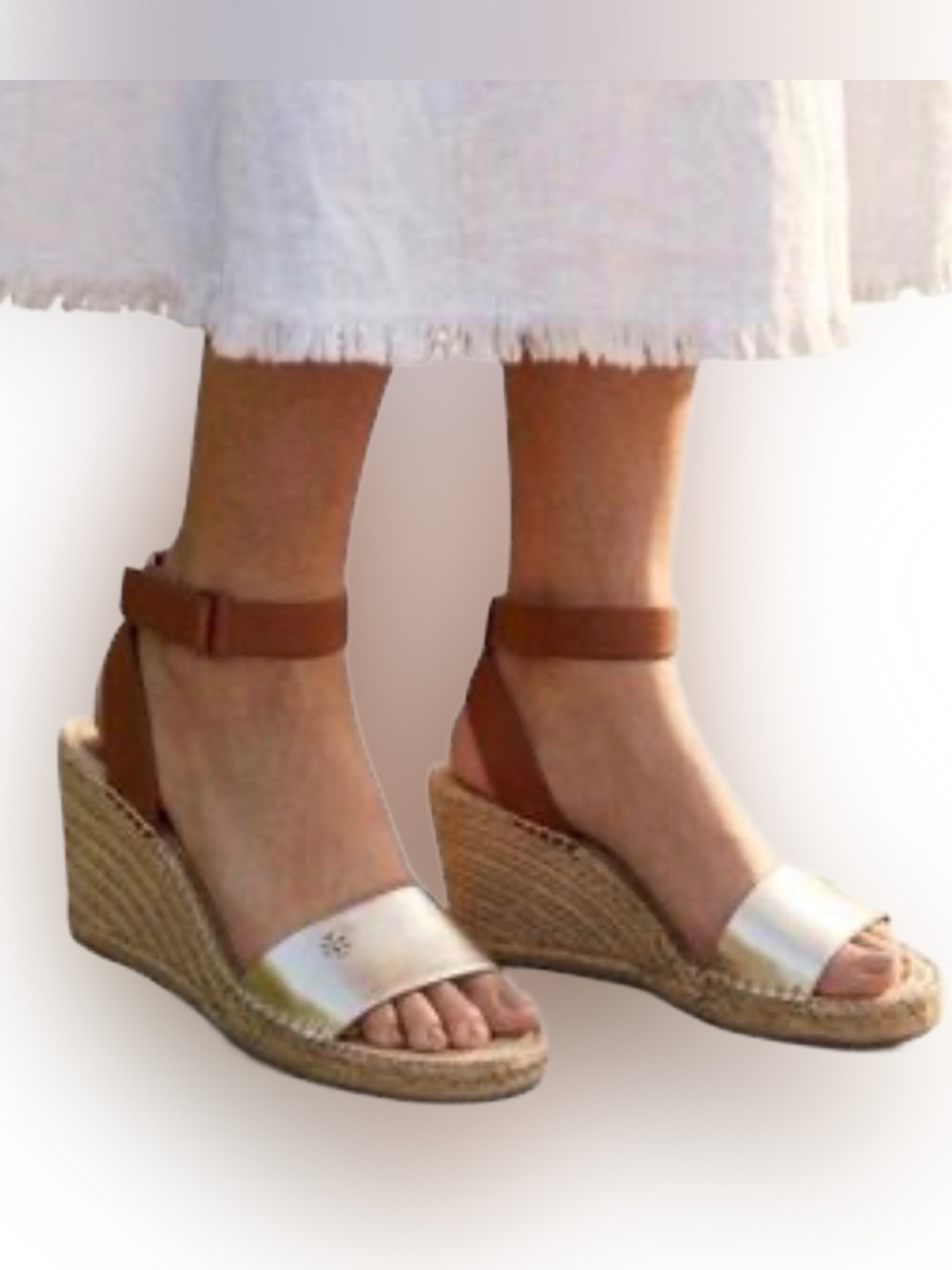Tory Burch Bima 2 Espadrilles Wedge Sandals Metallic & Tan Leather Sz 9